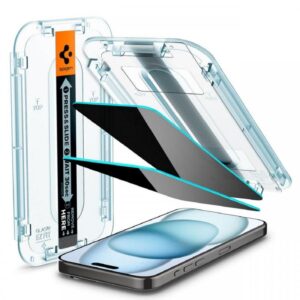 Spigen Folie Sticla Glass tR EZ Fit Privacy iPhone 15, set 2 buc, kit de montare Spigen Folie Sticla Glass tR EZ Fit Privacy iPhone 15, set 2 buc, kit de montare