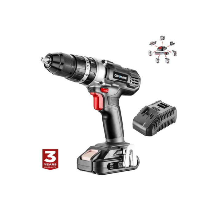 Masina de gaurit si insurubat (bormasina) Graphite Energy, Cu percutie, Acumulator 2 Ah, Incarcator, 18 V Li-ion, Mandrina 2-13 mm