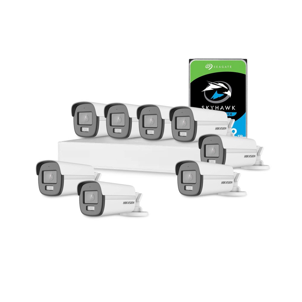 Sistem supraveghere exterior cu HDD 2 TB HikVision, 8 camere, 2 MP, 2.8 mm, IR/lumina alba 40 m, microfon Sistem supraveghere exterior cu HDD 2 TB HikVision, 8 camere, 2 MP, 2.8 mm, IR/lumina alba 40 m, microfon