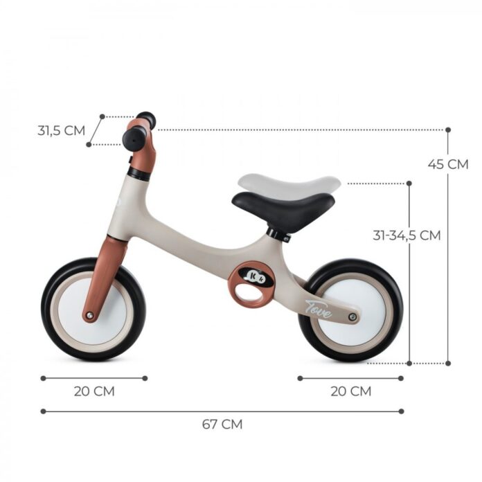 Bicicleta copii fara pedale Kinderkraft Tove desert beige 8 inch, roti spuma EVA, scaun reglabil 31-34,5 cm, greutate redusa, manere de transport, Unghi de viraj limitat, varsta 2-4 ani