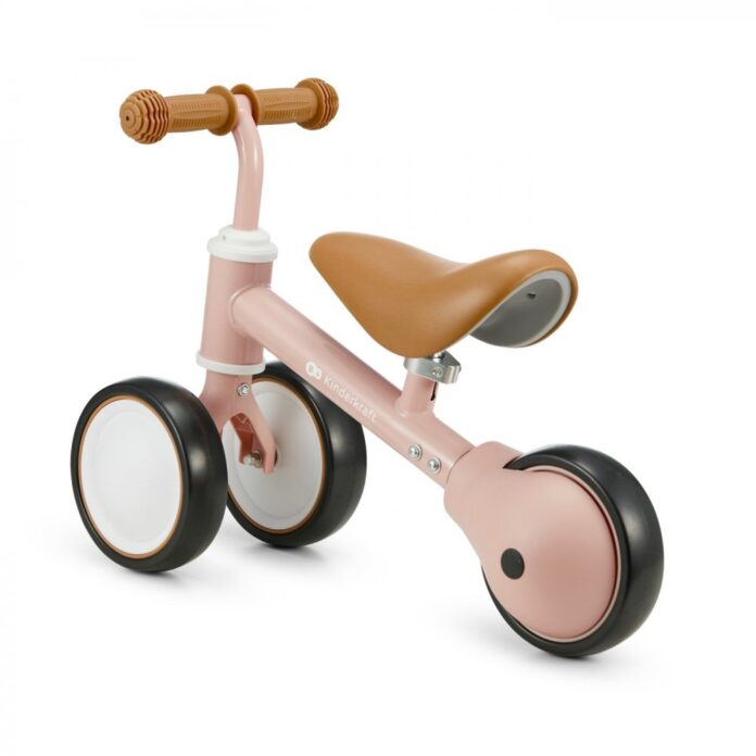 Tricicleta copii de echilibru Kinderkraft Cutie fuzzy peach, varsta 1-3 ani, roti din spuma EVA, posibilitatea de reglare a inaltimii scaunului (26-28 cm), sarcina maxima 15 kg