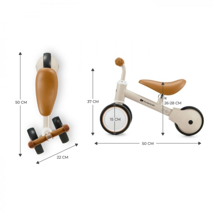 Tricicleta copii de echilibru Kinderkraft Cutie light beige, varsta 1-3 ani, roti din spuma EVA, posibilitatea de reglare a inaltimii scaunului (26-28 cm), sarcina maxima 15 kg