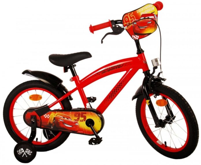 Bicicleta pentru copii EL Disney Cars 16 inch CB, frana de mana pe roata fata, scaun si ghidon reglabil, roti gonflabile, stopuri reflectorizante, roti ajutatoare demontabile