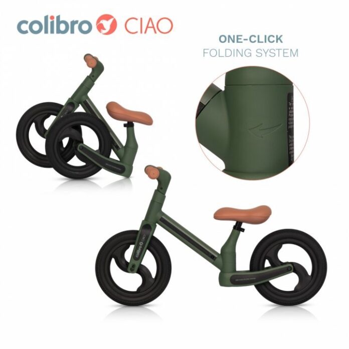 Bicicleta de echilibru pentru copii, fara pedale, pliabila, cu scaunelul si ghidonul reglabile pe inaltime, cu roti din cauciuc de 12 inch, Colibro Ciao Forest Green