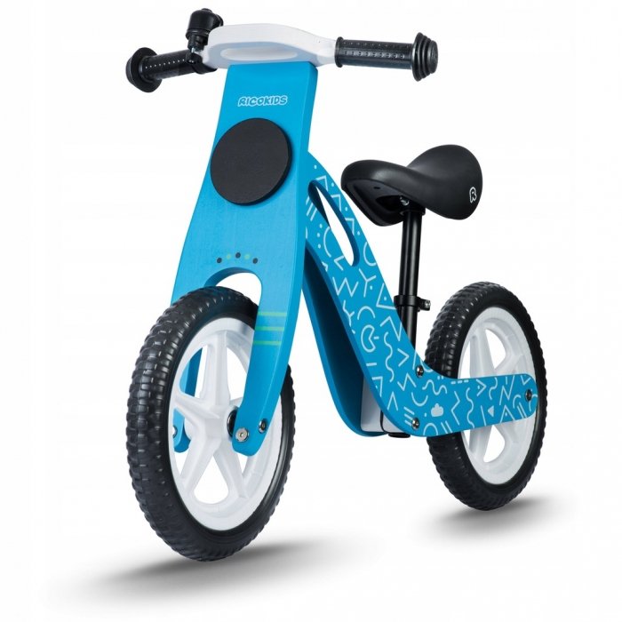 Bicicleta copii din lemn fara pedale Ricokids Albastru 12 inch, roti spuma EVA, de la 2 ani, inaltimea scaunului 33-43 cm, manere cauciucate, scaun moale din spuma