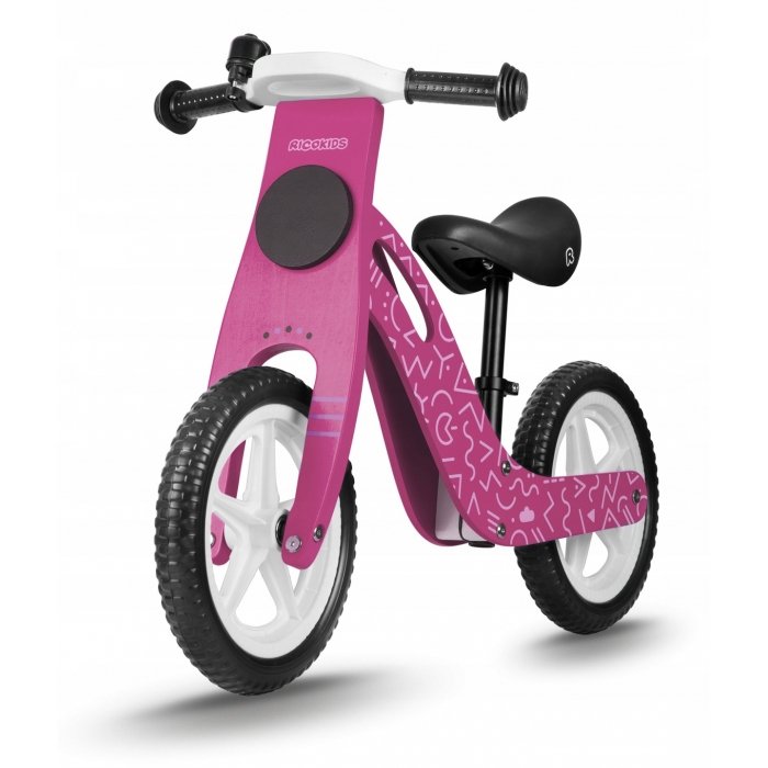 Bicicleta copii din lemn fara pedale Ricokids Roz, roti spuma EVA, de la 2 ani, inaltimea scaunului 33-43 cm, manere cauciucate, scaun moale din spuma