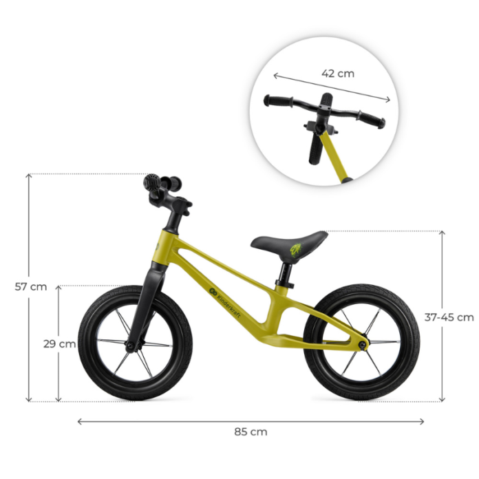Bicicleta pentru copii Kinderkraft Eter Lime fara pedale, roti 12 inch, scaun ergonomic reglabil, greutate admisa 35 kg
