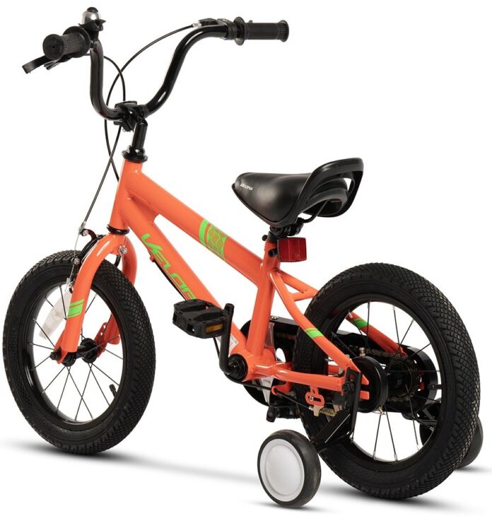 Bicicleta pentru copii Velors V1403B PortocaliuVerde 14 inch, cu roti ajutatoare, cadru din otel, varsta 3-5 ani