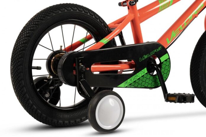 Bicicleta pentru copii Velors V1403B PortocaliuVerde 14 inch, cu roti ajutatoare, cadru din otel, varsta 3-5 ani