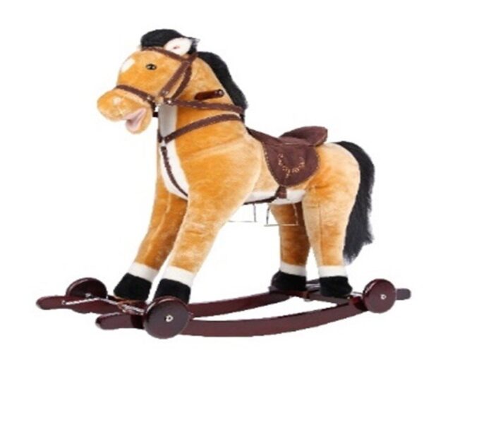 Calut balansoar pentru copii Novokids Rocking Horse XXL CremAlb din plus, cu roti, platforma detasabila, functie trotineta fara pedale, dimensiuni 85x37x77 cm, greutate suportata 50 kg
