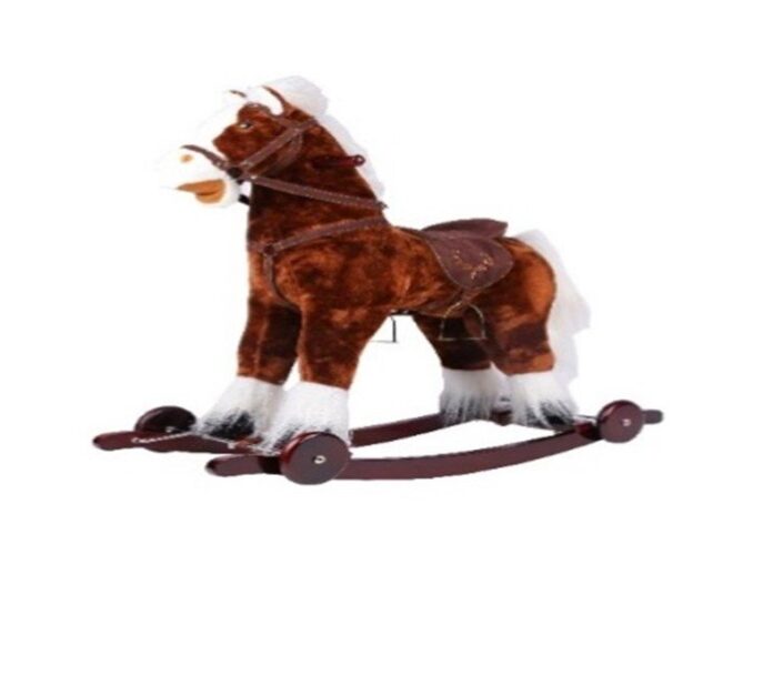 Calut balansoar pentru copii Novokids Rocking Horse XXL MaroAlb din plus, cu roti, platforma detasabila, functie trotineta fara pedale, dimensiuni 85x37x77 cm, greutate suportata 50 kg