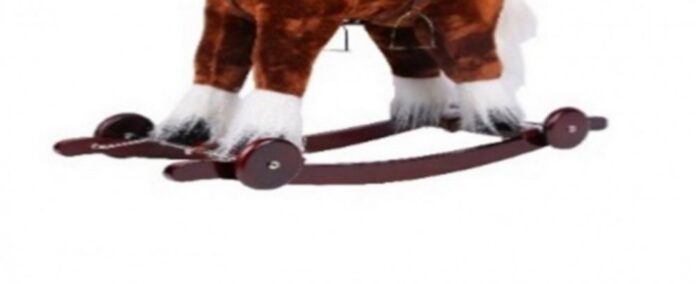 Calut balansoar pentru copii Novokids Rocking Horse XXL MaroAlb din plus, cu roti, platforma detasabila, functie trotineta fara pedale, dimensiuni 85x37x77 cm, greutate suportata 50 kg