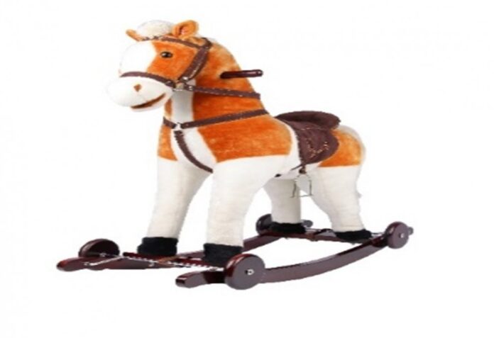 Calut balansoar pentru copii Novokids Rocking Horse XXL BeigeAlb din plus, cu roti, platforma detasabila, functie trotineta fara pedale, dimensiuni 85x37x77 cm, greutate suportata 50 kg