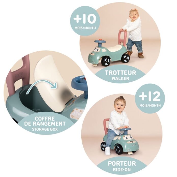 Masinuta pentru copii fara pedale Smoby Auto verde, de la 10 luni, spatar cu posibilitatea de impingere, spatiu de depozitare, scaun ergonomic