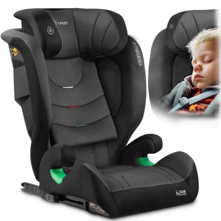 Scaun auto copii cu isofix Nukido I-SIZE 100-150 cm Louis Soft NegruGri,spatar reglabil si detasabil,tetiera reglabila in 12 pozitii,indicatori instalare centura,protectie la impact lateral,certificare ECE R129