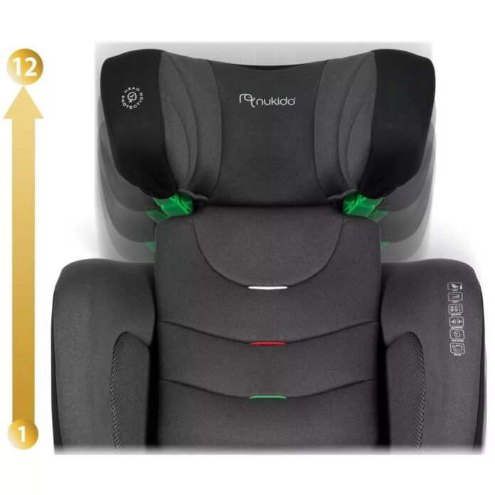 Scaun auto copii cu isofix Nukido I-SIZE 100-150 cm Louis Soft NegruGri,spatar reglabil si detasabil,tetiera reglabila in 12 pozitii,indicatori instalare centura,protectie la impact lateral,certificare ECE R129