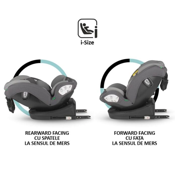 Scaun auto cu Isofix Coccolle Nyota Diamond Black 40-150 cm, i-Size, 4 pozitii inclinare, Rotire 360 cu o singura mana, Tetiera reglabila, Husa detasabila, Sistem antibasculare Top Tether, Pozitie somn, 0-12 ani