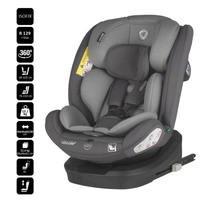 Scaun auto cu Isofix Coccolle Nyota Diamond Black 40-150 cm, i-Size, 4 pozitii inclinare, Rotire 360 cu o singura mana, Tetiera reglabila, Husa detasabila, Sistem antibasculare Top Tether, Pozitie somn, 0-12 ani