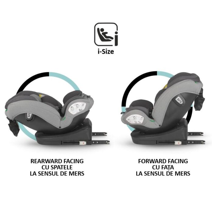 Scaun auto cu Isofix Coccolle Nyota Moonlit Grey 40-150 cm, i-Size, 4 pozitii inclinare, Rotire 360 cu o singura mana, Tetiera reglabila, Husa detasabila, Sistem antibasculare Top Tether, Pozitie somn, 0-12 ani