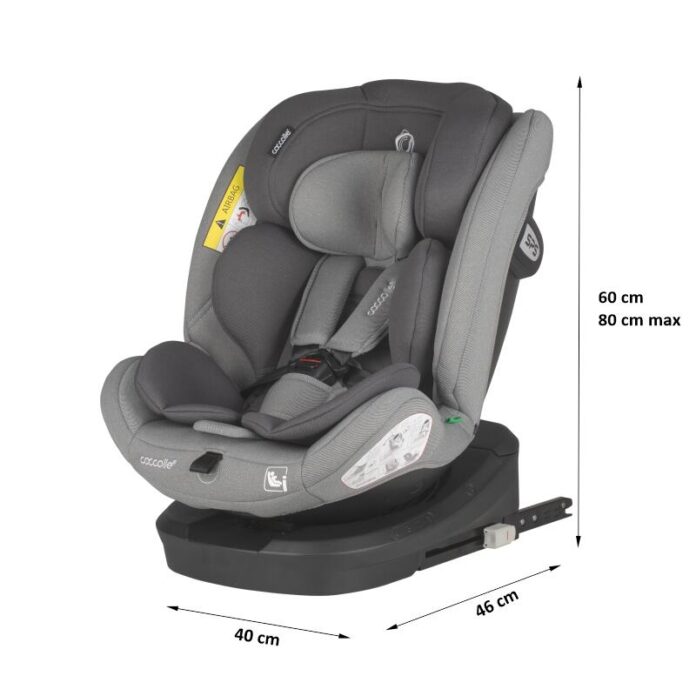 Scaun auto cu Isofix Coccolle Nyota Moonlit Grey 40-150 cm, i-Size, 4 pozitii inclinare, Rotire 360 cu o singura mana, Tetiera reglabila, Husa detasabila, Sistem antibasculare Top Tether, Pozitie somn, 0-12 ani