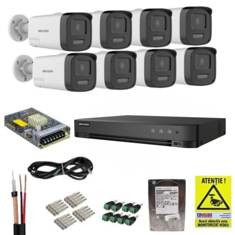 Sistem Supraveghere Analog Hikvision 3K  8 Camere cu Dual Light, Audio Bidirectional, DVR 8 Canale cu Deep Learning, HDD 1TB si Accesorii Montaj
