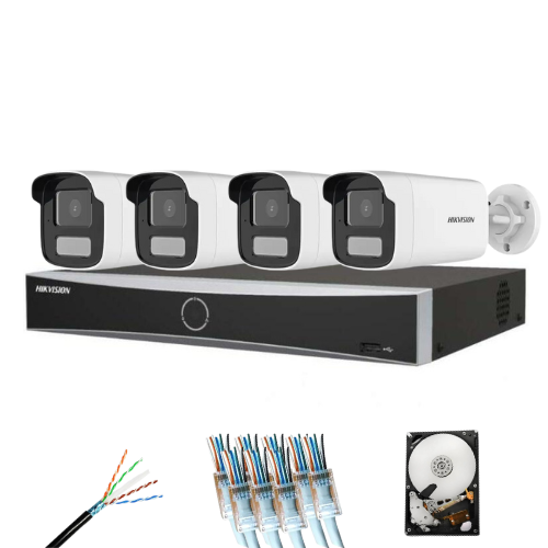 Sistem supraveghere IP complet 4 camere Hikvision 8MP Smart Hybrid Light 50m microfon, NVR AcuSense 8 canale, HDD si accesorii instalare incluse Sistem supraveghere IP complet 4 camere Hikvision 8MP Smart Hybrid Light 50m microfon, NVR AcuSense 8 canale, HDD si accesorii instalare incluse