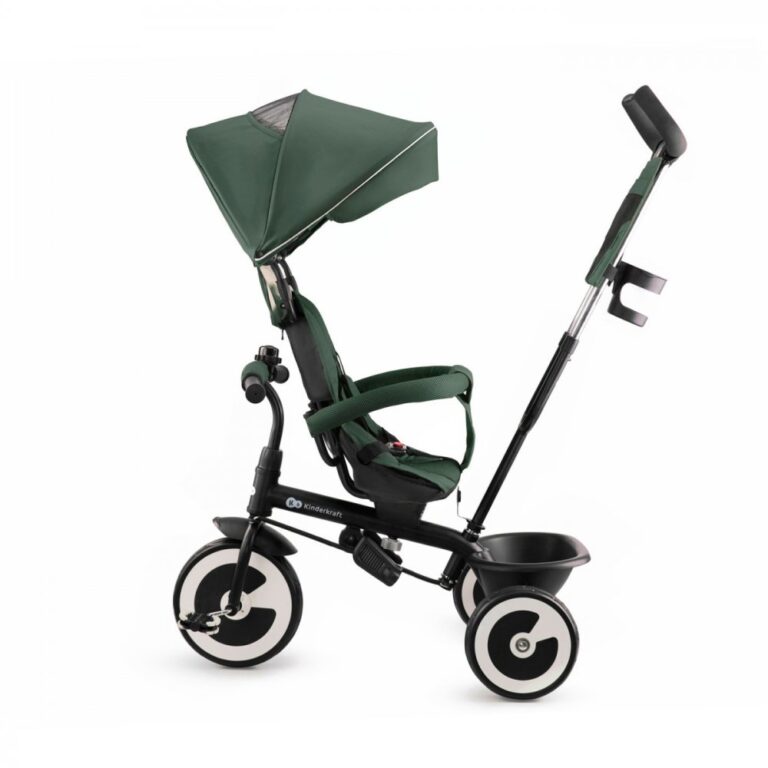 Tricicleta pentru copii Kinderkraft Aston Mystyc Green cu sezut reversibil, roti din spuma Eva, suport pentru picioare, copertina XXL, frana pe rotile din spate, de la varsta de 9 luni