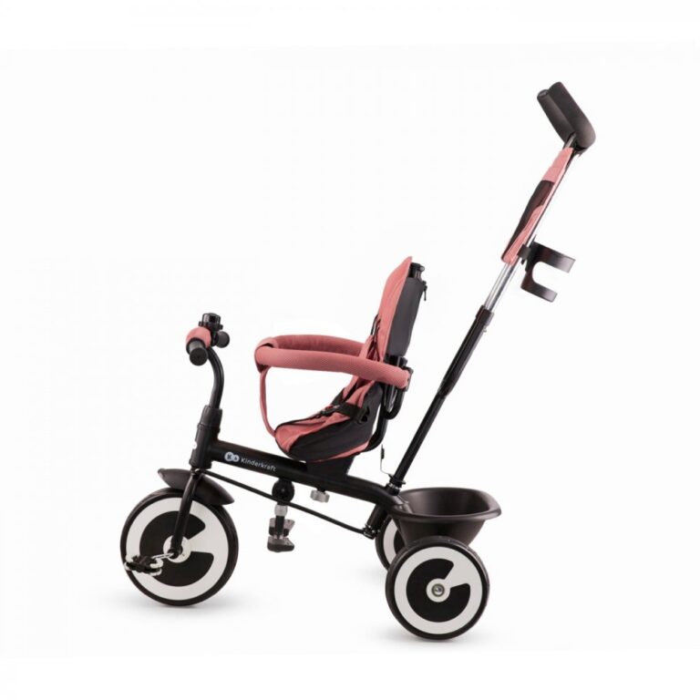 Tricicleta pentru copii Kinderkraft Aston Rose Pink cu sezut reversibil, roti din spuma Eva, suport pentru picioare, copertina XXL, frana pe rotile din spate, de la varsta de 9 luni