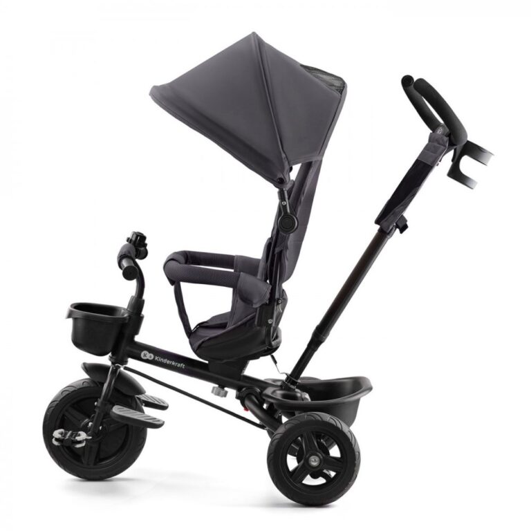 Tricicleta pentru copii Kinderkraft Aveo Malachite Grey de la 9 luni, cu sezut rotativ, suport pentru picioare, maner cu control al directiei, gentuta si cos pentru accesorii