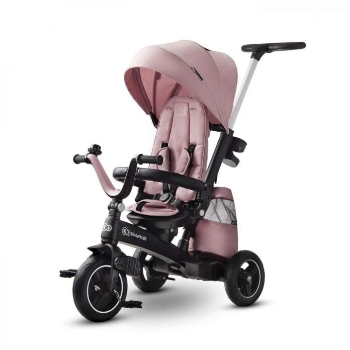 Tricicleta pentru copii Kinderkraft Easytwist Mauvelous Pink, cu scaun reversibil, pozitie de somn, cauciucuri PU, protectie UV de la varsta de 9 luni