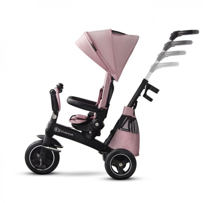 Tricicleta pentru copii Kinderkraft Easytwist Mauvelous Pink, cu scaun reversibil, pozitie de somn, cauciucuri PU, protectie UV de la varsta de 9 luni