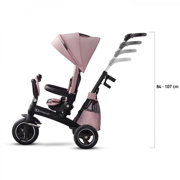 Tricicleta pentru copii Kinderkraft Easytwist Mauvelous Pink, cu scaun reversibil, pozitie de somn, cauciucuri PU, protectie UV de la varsta de 9 luni
