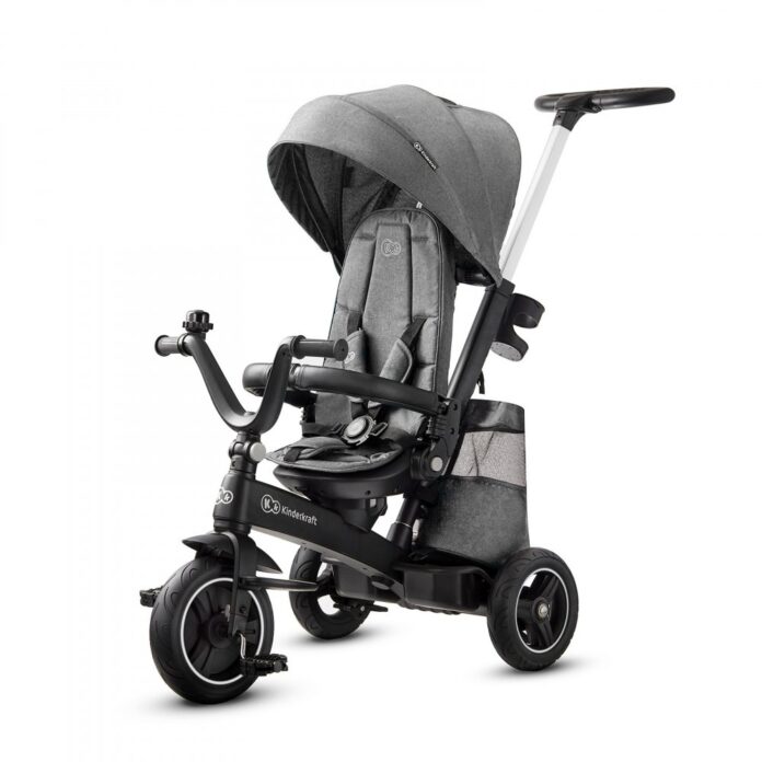 Tricicleta pentru copii Kinderkraft Easytwist platinum grey cu sezut rotativ 360 grade, maner cu control al directiei, reglabil pe 4 niveluri, suport pentru cana, sac-rucsac pentru accesorii, frana pe rotile din spate