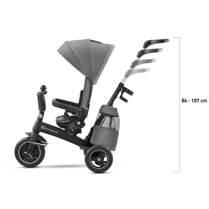 Tricicleta pentru copii Kinderkraft Easytwist platinum grey cu sezut rotativ 360 grade, maner cu control al directiei, reglabil pe 4 niveluri, suport pentru cana, sac-rucsac pentru accesorii, frana pe rotile din spate