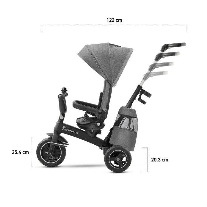 Tricicleta pentru copii Kinderkraft Easytwist platinum grey cu sezut rotativ 360 grade, maner cu control al directiei, reglabil pe 4 niveluri, suport pentru cana, sac-rucsac pentru accesorii, frana pe rotile din spate