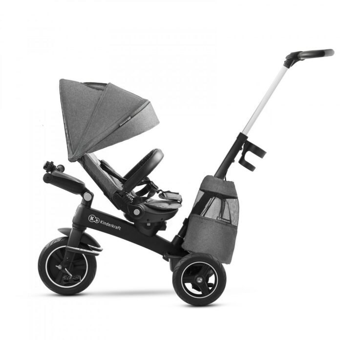 Tricicleta pentru copii Kinderkraft Easytwist platinum grey cu sezut rotativ 360 grade, maner cu control al directiei, reglabil pe 4 niveluri, suport pentru cana, sac-rucsac pentru accesorii, frana pe rotile din spate