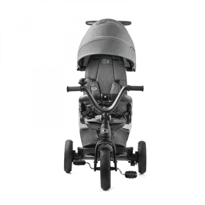 Tricicleta pentru copii Kinderkraft Easytwist platinum grey cu sezut rotativ 360 grade, maner cu control al directiei, reglabil pe 4 niveluri, suport pentru cana, sac-rucsac pentru accesorii, frana pe rotile din spate