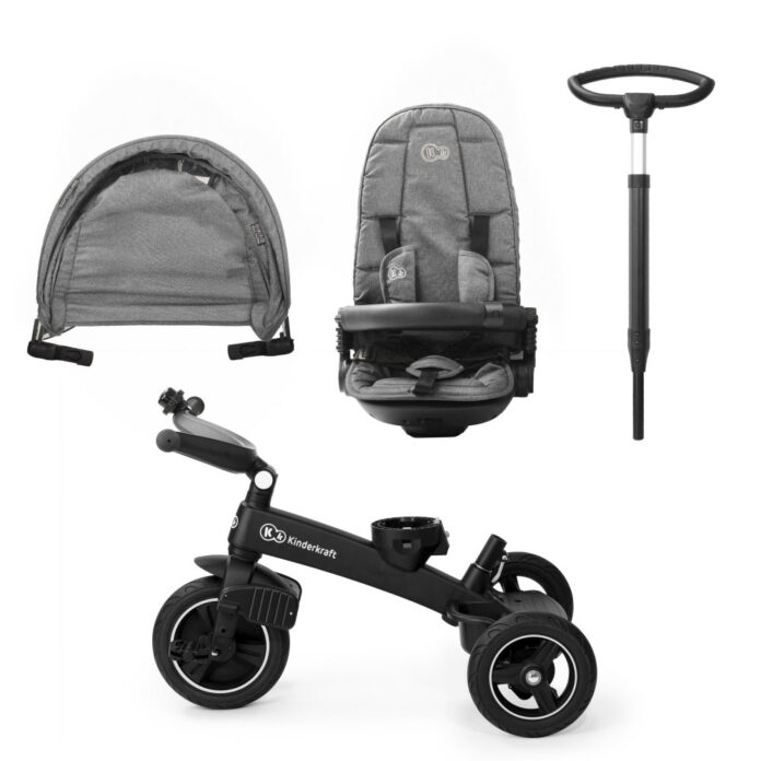 Tricicleta pentru copii Kinderkraft Easytwist platinum grey cu sezut rotativ 360 grade, maner cu control al directiei, reglabil pe 4 niveluri, suport pentru cana, sac-rucsac pentru accesorii, frana pe rotile din spate