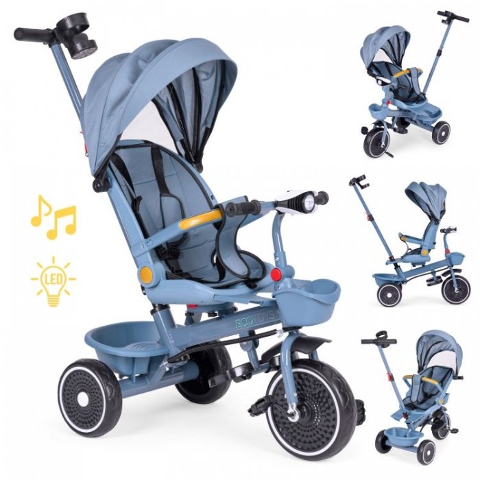 Tricicleta pentru copii Ecotoys WQL-066-18 Roz 2 in 1, scaun rotativ 360, roti din spuma EVA, suport picioare, control al directiei, suport pahar, far, cosulet