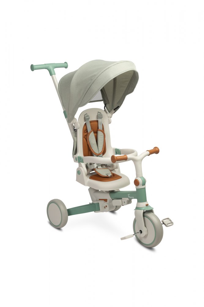 Tricicleta pentru copii Toyz Faro Verde multifunctionala,ultrapliabila,spatar reglabil,scaun moale rotativ,maner parinte detasabil si reglabil in 4 pozitii,centuri de siguranta,roti EVA,pedale detasabile,gentuta inclusa