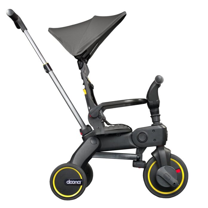 Tricicleta pentru copii Doona Liki Trike S1 Grey Hound ultrapliabila, maner cu control al directiei, spatar reglabil multiple pozitii, cadru de aluminiu, roti din cauciuc Eva, suse detasabile cu spuma de memorie, capotina cu protectie UV