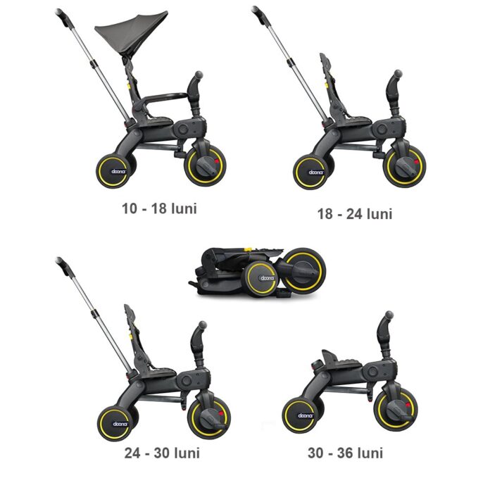 Tricicleta pentru copii Doona Liki Trike S1 Grey Hound ultrapliabila, maner cu control al directiei, spatar reglabil multiple pozitii, cadru de aluminiu, roti din cauciuc Eva, suse detasabile cu spuma de memorie, capotina cu protectie UV