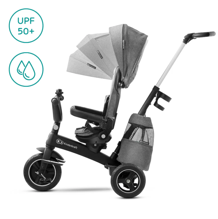 Tricicleta pentru copii Kinderkraft Easytwist platinum grey cu sezut rotativ 360 grade, maner cu control al directiei, reglabil pe 4 niveluri, suport pentru cana, sac-rucsac pentru accesorii, frana pe rotile din spate