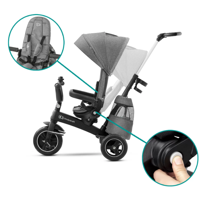 Tricicleta pentru copii Kinderkraft Easytwist platinum grey cu sezut rotativ 360 grade, maner cu control al directiei, reglabil pe 4 niveluri, suport pentru cana, sac-rucsac pentru accesorii, frana pe rotile din spate