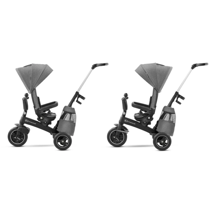 Tricicleta pentru copii Kinderkraft Easytwist platinum grey cu sezut rotativ 360 grade, maner cu control al directiei, reglabil pe 4 niveluri, suport pentru cana, sac-rucsac pentru accesorii, frana pe rotile din spate