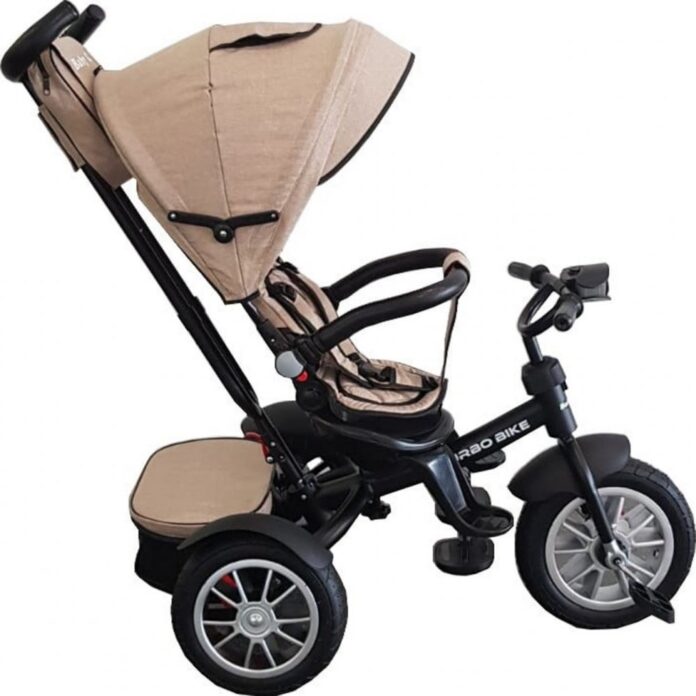 Tricicleta pentru copii Baby Care Turbo Bike Albastru cu Far luminos, Roti din cauciuc, Pozitie somn, Pedale si maner pentru parinti, Scaun reversibil cu invartire 360 grade , Cadru metalic, Dimensiuni 110X45X90 cm