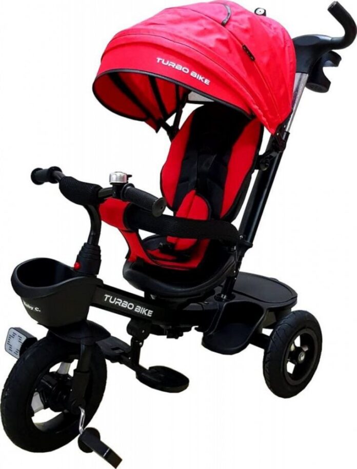 Tricicleta pentru copii Baby Care Turbo Bike Turquoise cu copertina, roti din cauciuc, pozitie somn, maner pentru parinti, scaun reversibil cu invartire 360 grade, cadru metalic, dimensiuni 110x45x90 cm