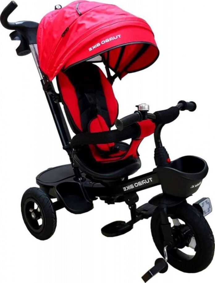 Tricicleta pentru copii Baby Care Turbo Bike Turquoise cu copertina, roti din cauciuc, pozitie somn, maner pentru parinti, scaun reversibil cu invartire 360 grade, cadru metalic, dimensiuni 110x45x90 cm