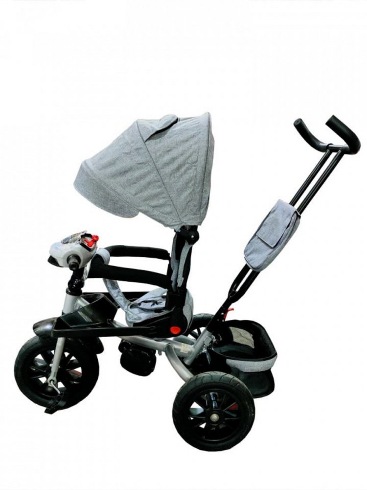 Tricicleta pentru copii Novokids Super Trike Albastru Jeans cu copertina, melodii si lumini, roti din cauciuc, pozitie somn, scaun reversibil cu rotatie 360 grade
