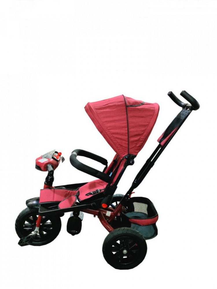 Tricicleta pentru copii Novokids Super Trike Rosu Bordeaux cu copertina, melodii si lumini, roti din cauciuc, pozitie somn, scaun reversibil cu rotatie 360 grade